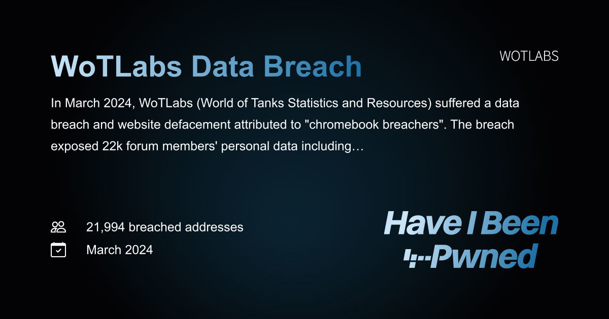 Have I Been Pwned: WoTLabs Data Breach
